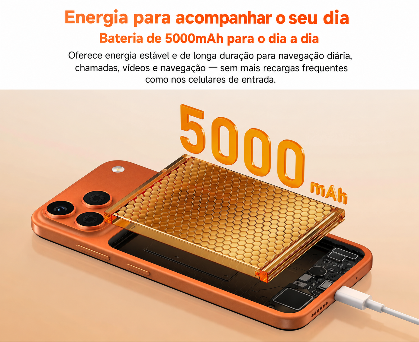 Energia para acompanhar o seu dia. Bateria de 5000mAh para navegar, fazer chamadas, assistir a vídeos e usar a navegação.