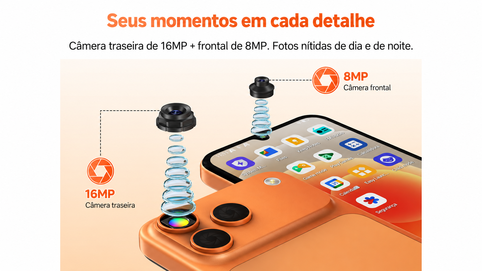Seus momentos em cada detalhe. Câmera traseira de 16MP com IA e câmera frontal de 8MP.