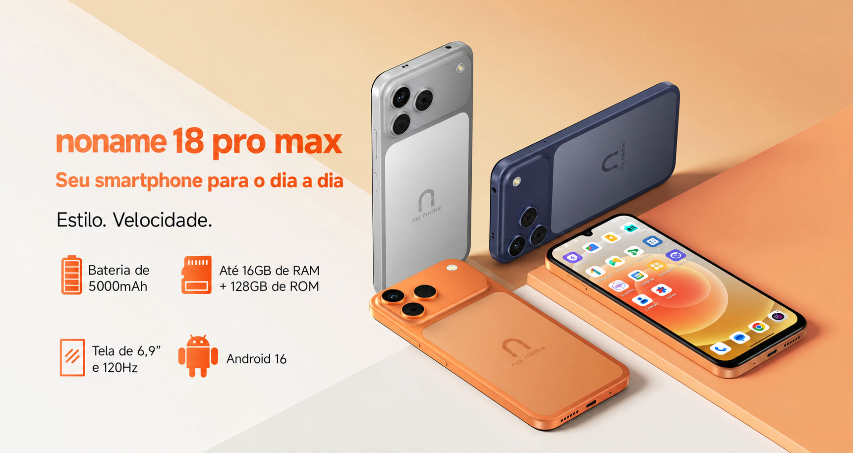 noname 18 pro max. Seu smartphone para o dia a dia. Bateria de 5000mAh, até 16GB de RAM, 128GB de ROM, tela de 6,9 polegadas e 120Hz, Android 16.