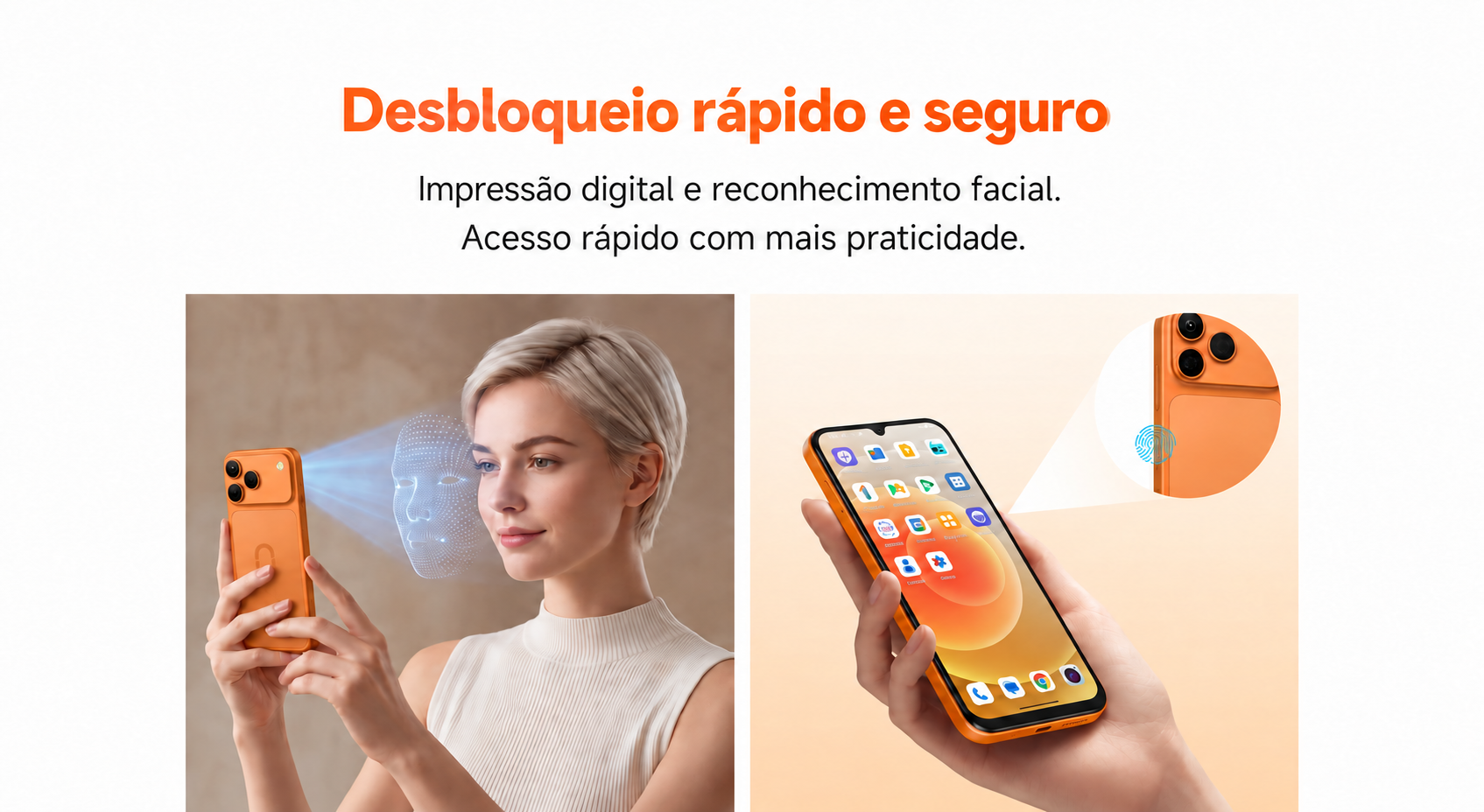 Desbloqueio rápido e seguro. Impressão digital e reconhecimento facial.