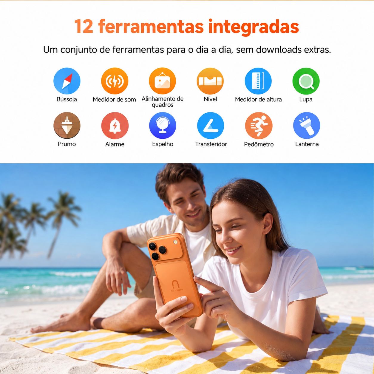 12 ferramentas integradas. Bússola, medidor de som, alinhamento de quadros, nível, medidor de altura, lupa, prumo, alarme, espelho, transferidor, pedômetro e lanterna.